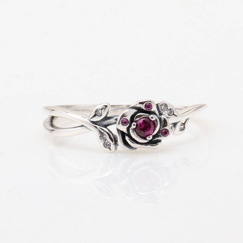 Silver Plated Rose Petal Ring Oxidized Black Copper Zirconia Jewelry EU Sizes 50-60 Travel Souvenir Gift For Women_voghion.com