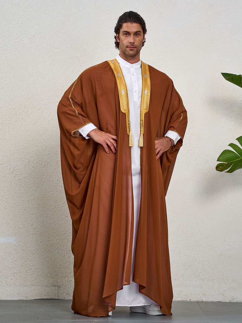 Men's Clothing Middle East Dubai Turkish Muslim Men's Bachelor's Clothing Embroidered Contrast Color Chiffon Robe Thobe_voghion.com