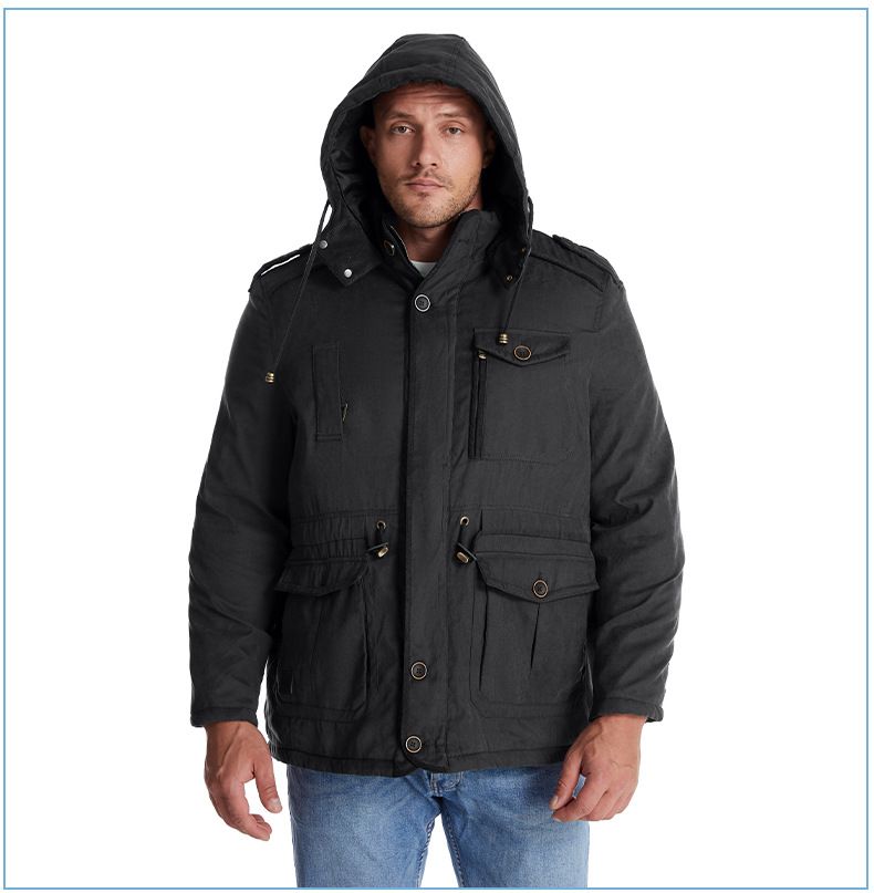 Men's Plus Size Shearling Hooded Cotton Jacket Thickened Multi-Pocket Cotton Top Casual Mid-Length Coat_voghion.com