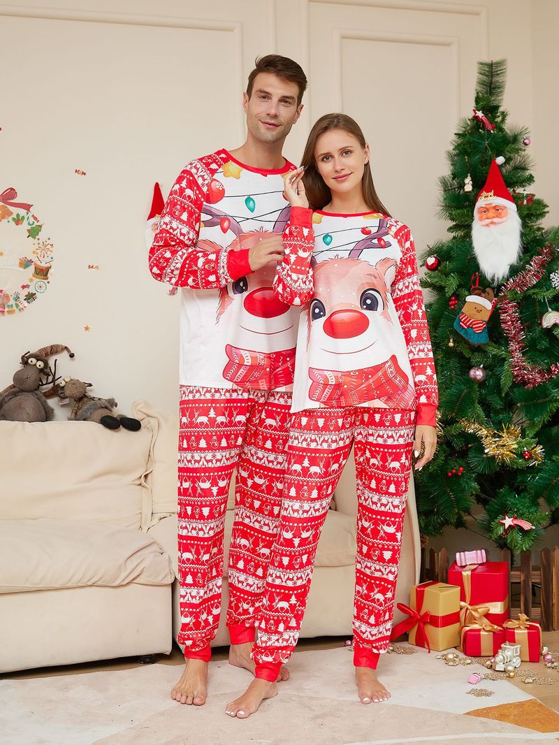 Jul familj hem bär rådjur tryck rund hals långärmad pyjamas set_voghion.com
