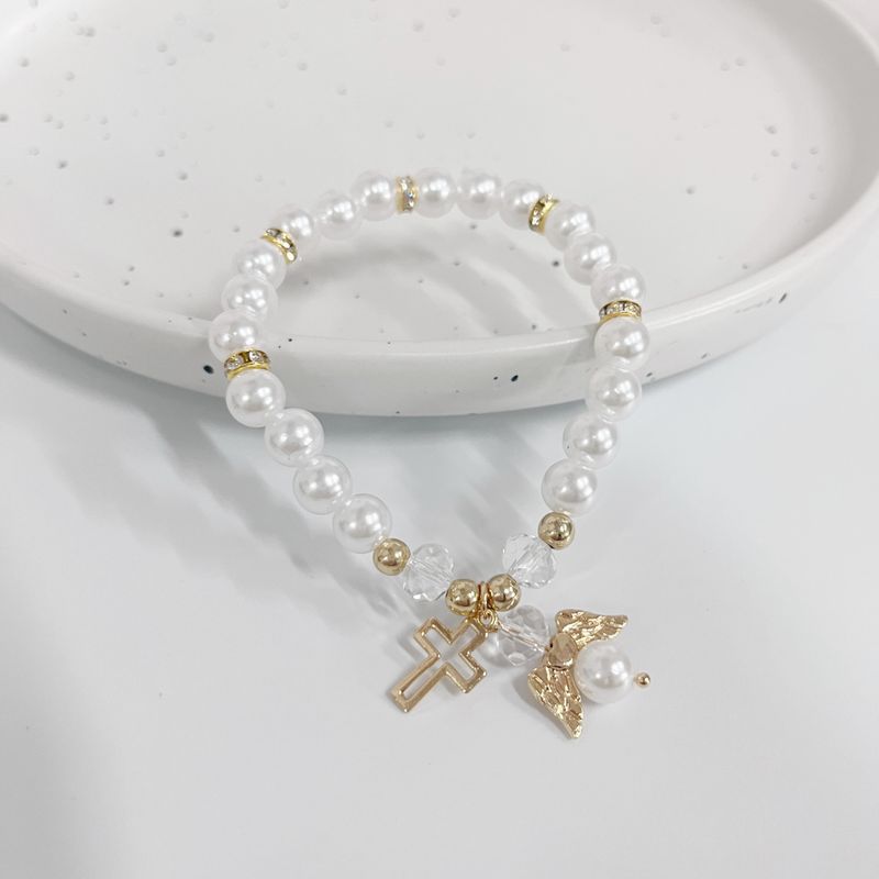 Pink White Artificial Pearl Hot Sale Hollow Cross Angel Accessories New Elastic Cord Bracelet_voghion.com