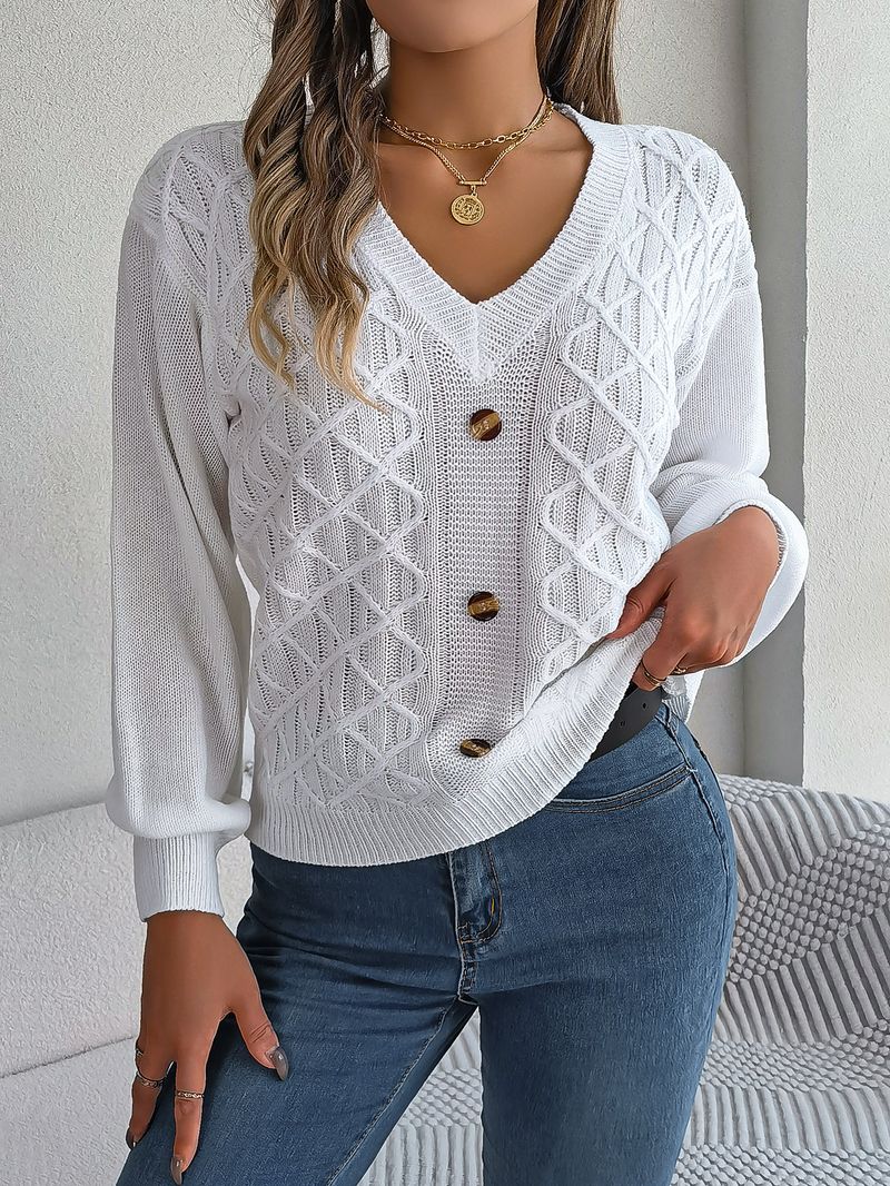 Maglione pullover con maniche a lanterna intrecciate e bottoni casual stile autunno inverno per donna_voghion.com