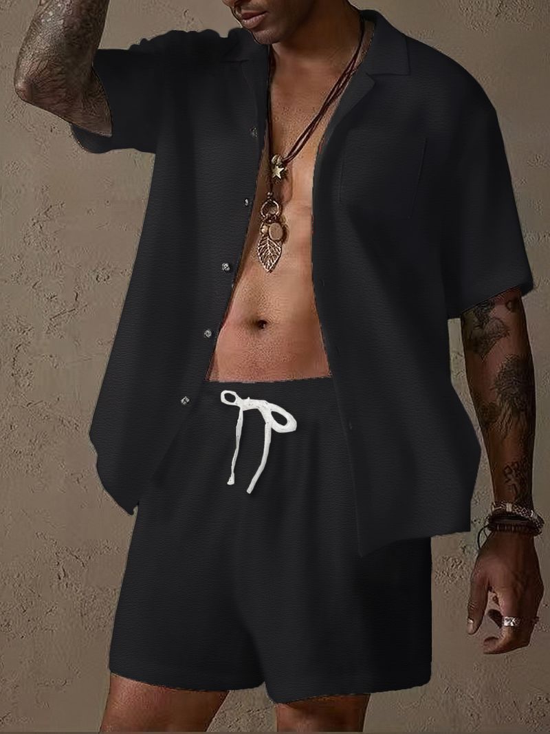 Camicia da uomo estiva da uomo, in cotone e lino, tinta unita, ampia e casual, con bottoni, a maniche corte_voghion.com
