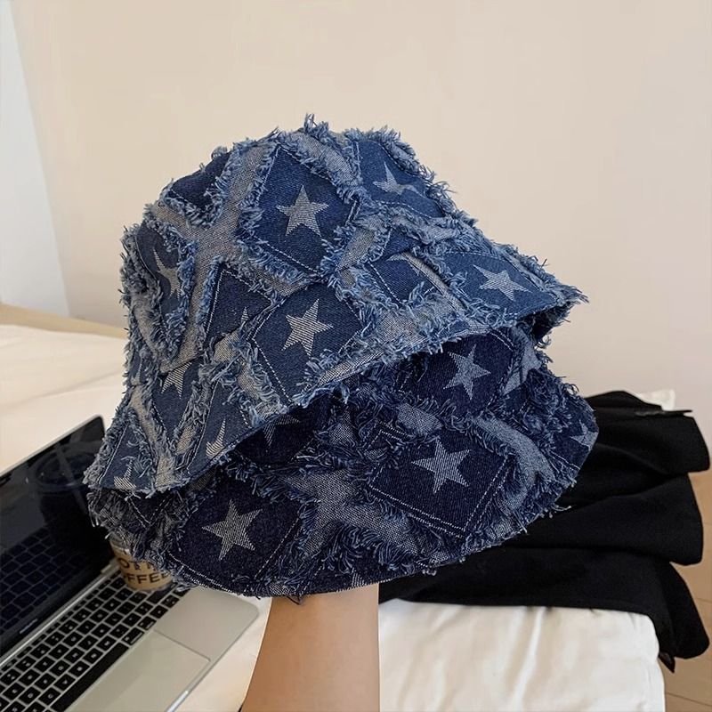 Cappello da pescatore in denim con bordo in peluche, modello a forma di stella, con design a nicchia blu, testa grande, viso piccolo, alla moda_voghion.com