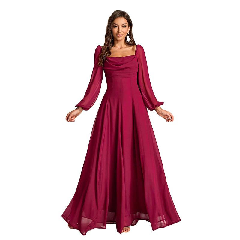 Vestido de noite feminino em chiffon bordô com mangas lanterna, elegante vestido de festa em corte A com cintura alta para banquetes e ocasiões formais_voghion.com
