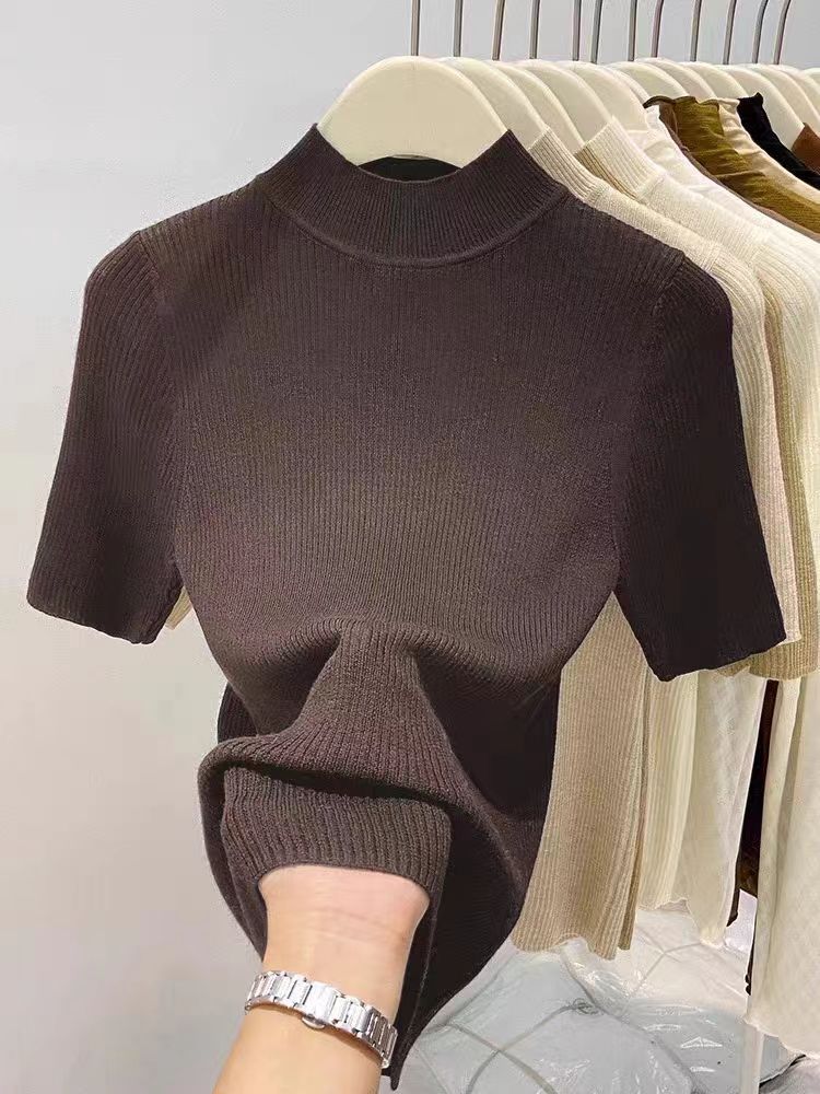 Maglia aderente con collo semi-alto – Pullover traspirante a maniche corte (essenziale per un look a strati leggero, bianco, nero)_voghion.com