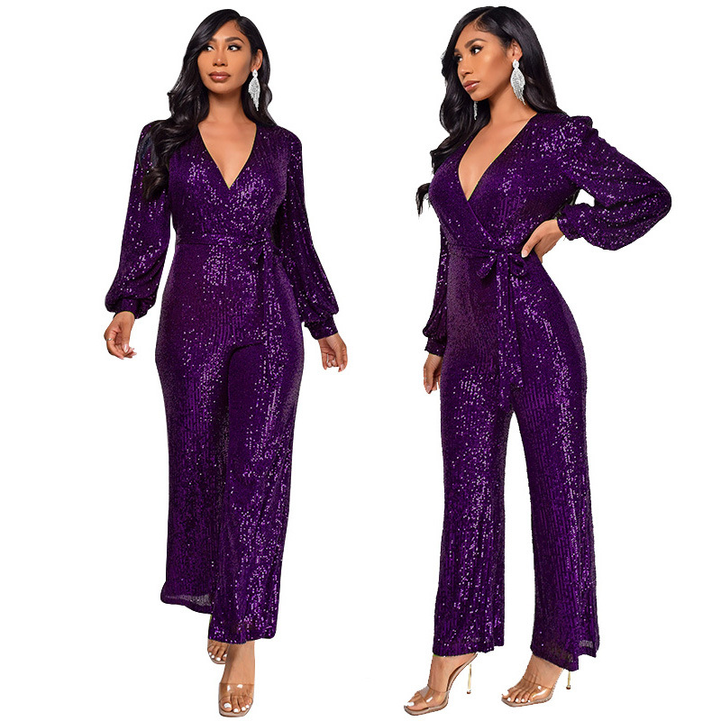 Damkläder Ins Style Deep V Mode Casual Jumpsuit Långärmat Bälte Paljett Jumpsuit Dam_voghion.com