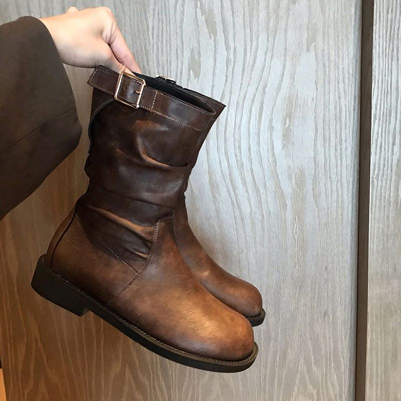 Neu Neue Koreanische Stil Kurze Frauen Frühling Und Herbst Einzel Für Plus Größe Braun Runde Kappe Faltig Mid-Kalb Martin Stiefel_voghion.com