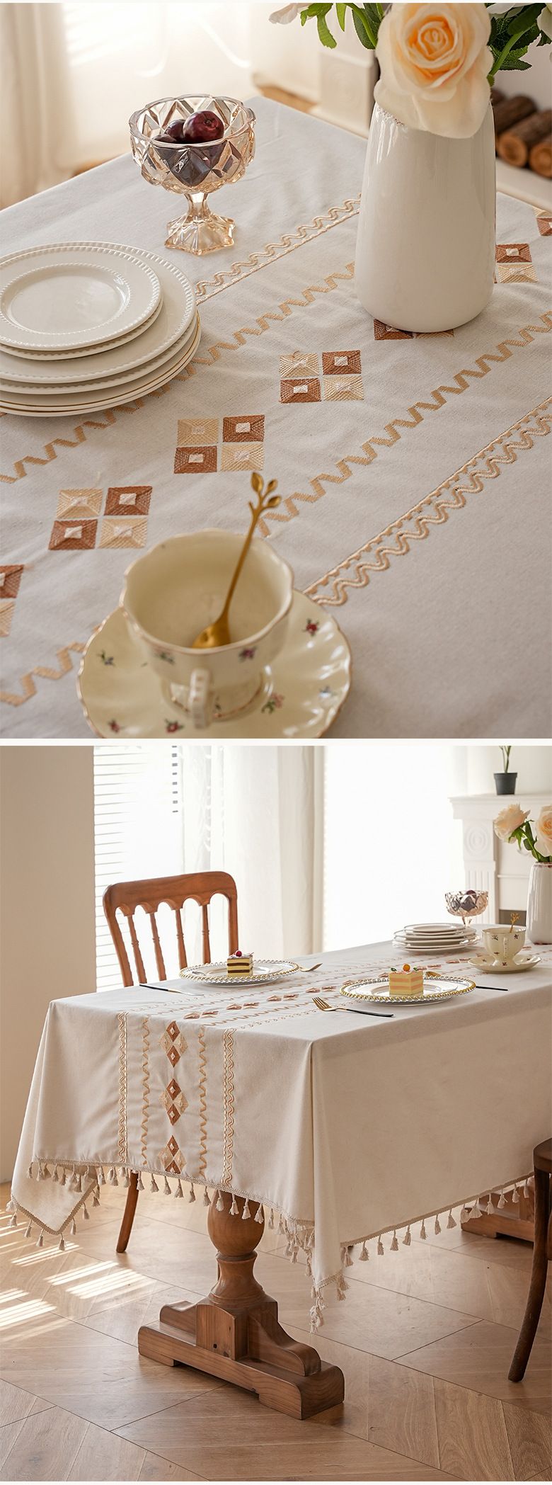 Wasserfeste und hitzebeständige Tischdecke – Poly-Baumwolle, geometrische Stickerei, dekorativ und langlebig für Esstisch, Schreibtisch, Couchtisch_voghion.com