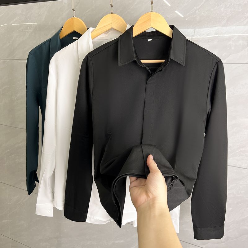 Men's Stylish Hidden Button Black Shirt - Slim Fit Lightweight Long Sleeve Casual Shirt With Smooth Drape Fabric_voghion.com