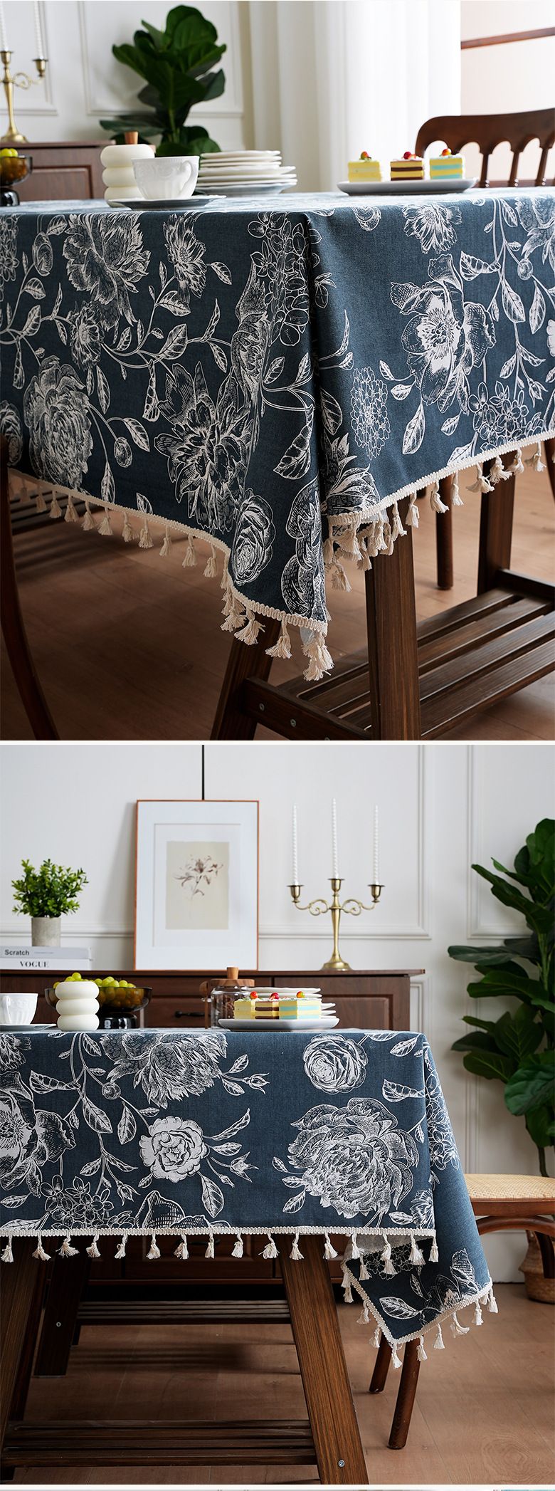 Vintage Floral Tablecloth – Luxe Polyester Rectangular Table Cover For Dining, Coffee, Tea Party – 150x100cm To 150x300cm – Warm Brown & Navy Blue_voghion.com