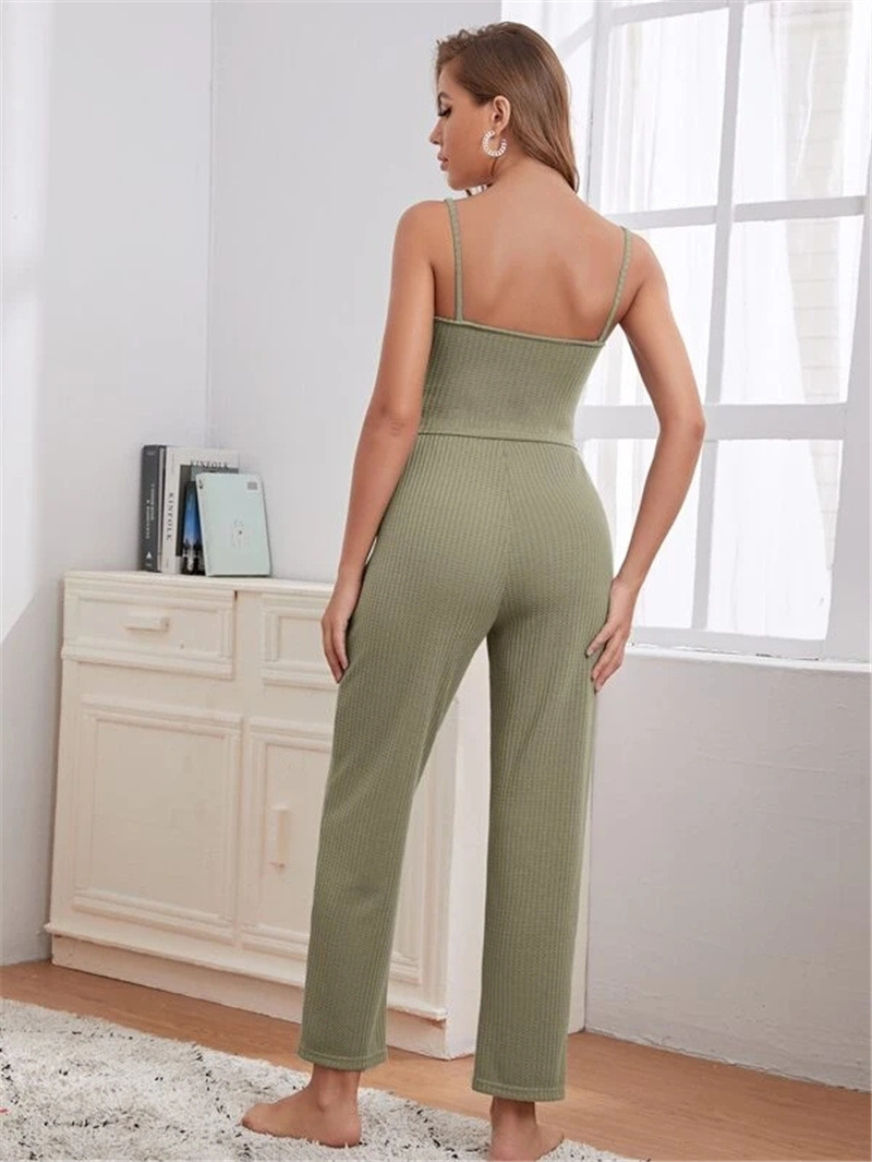 Women's home wear women's Waffle knit halter top trousers robe pajamas three sets_voghion.com