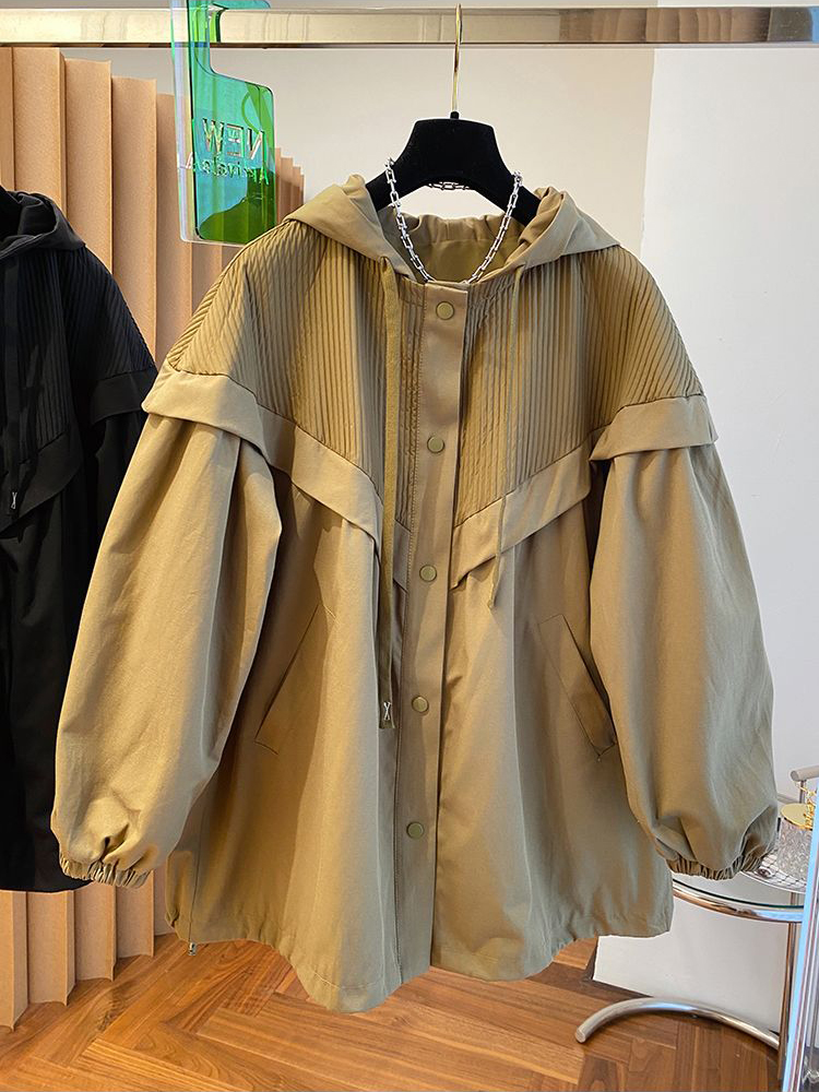 2023 herbst Frau Patchwork Übergroßen Mantel Mit Kapuze Mode Koreanische Streetwear Casual Khaki Schwarz frauen Windjacke Mantel_voghion.com