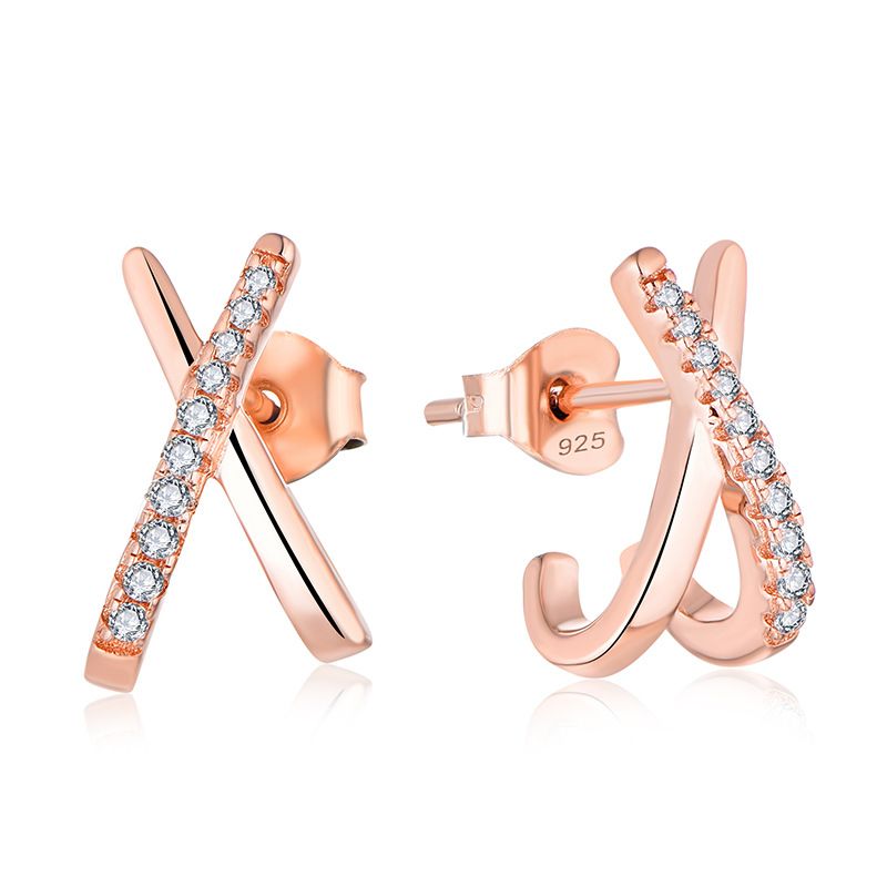 Orecchini geometrici a croce X in zircone s925 placcati in argento orecchini in oro rosa gioielli da donna gioielli in argento_voghion.com