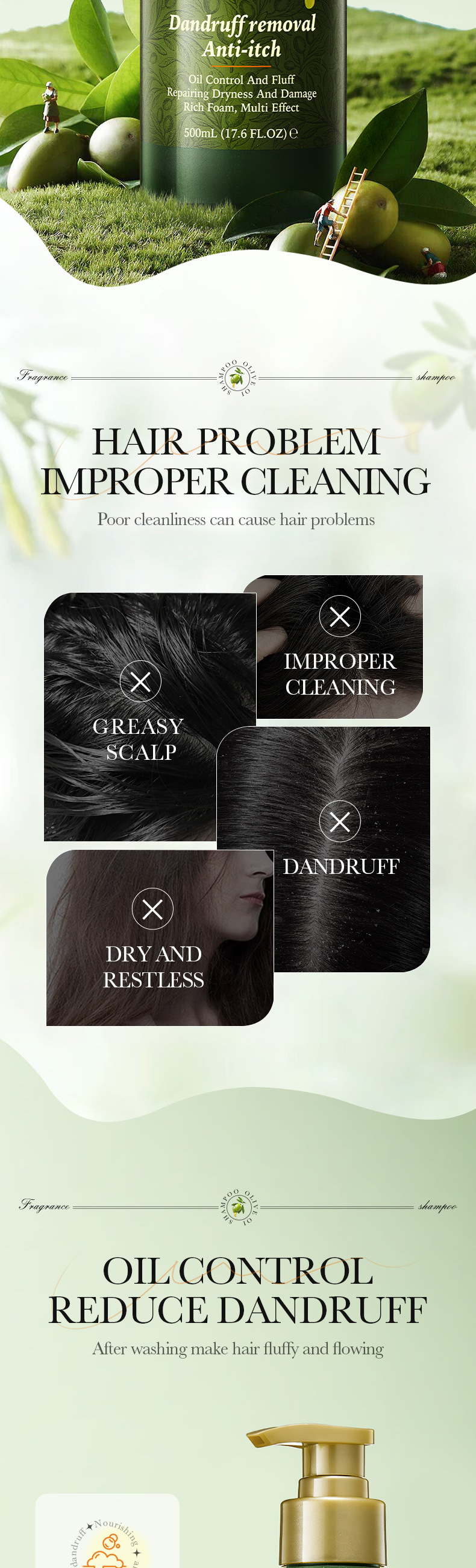 Szampon przeciwłupieżowy i kontrolujący wydzielanie sebum SADOER dla kobiet (zapach Gulong) – seria kosmetyków do pielęgnacji skóry z oliwą z oliwek, szampon 500 ml, żel pod prysznic 500 ml, odżywka 500 ml_voghion.com