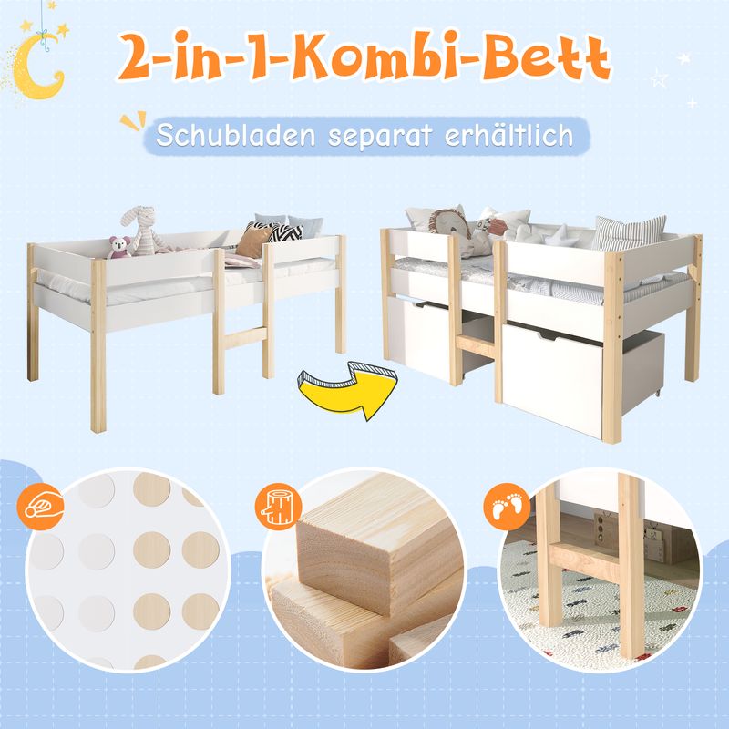 Lit enfant avec tiroir et barrières de sécurité, pin massif 90 x 190 cm, blanc et chêne_voghion.com