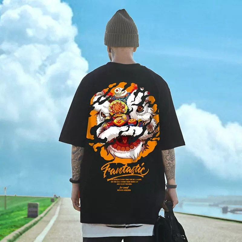Koszulka C&J z misiem z krótkim rękawem męska ins trend luźna odzież męska duży rozmiar plus oversize półrękaw_voghion.com