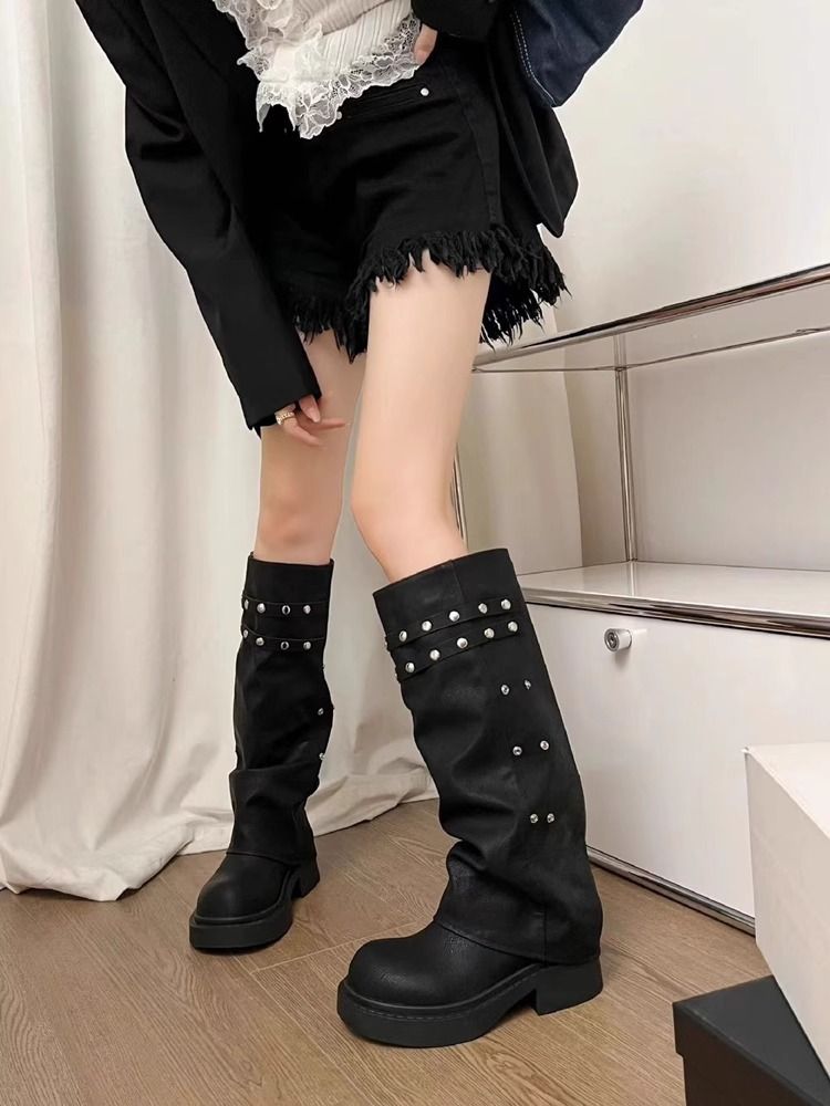 Black Studded Women's Boots Riding Boots Fashionable Versatile_voghion.com