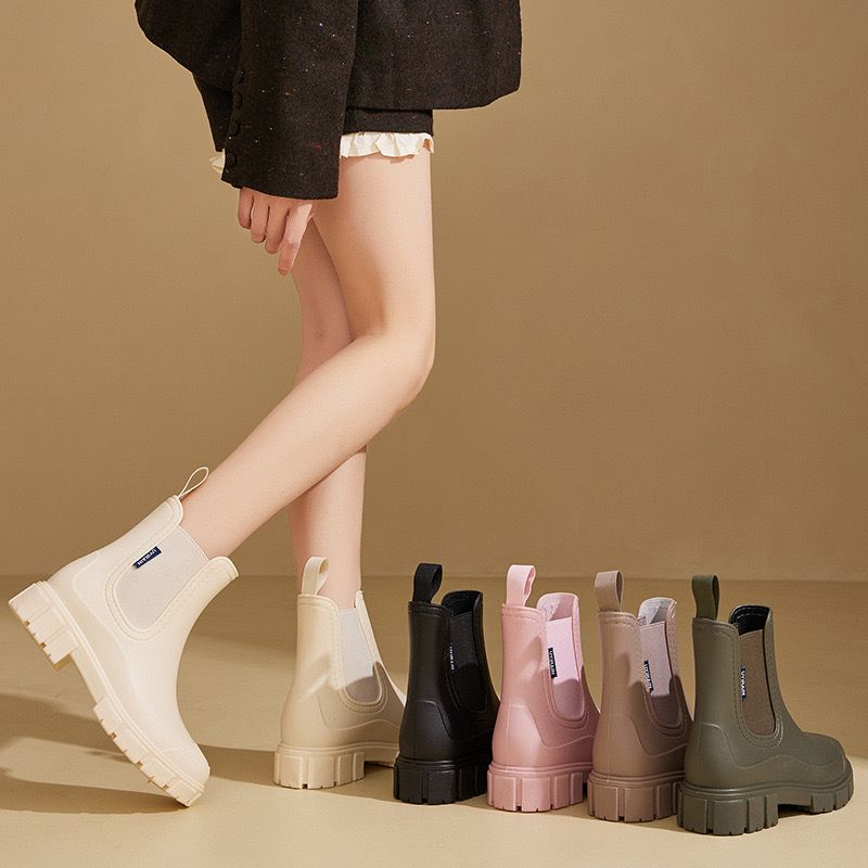 Damen Regenstiefeletten mit Gummizug im neuen Stil, wasserdicht, mittelhoch, rutschfest, für drinnen und draußen_voghion.com