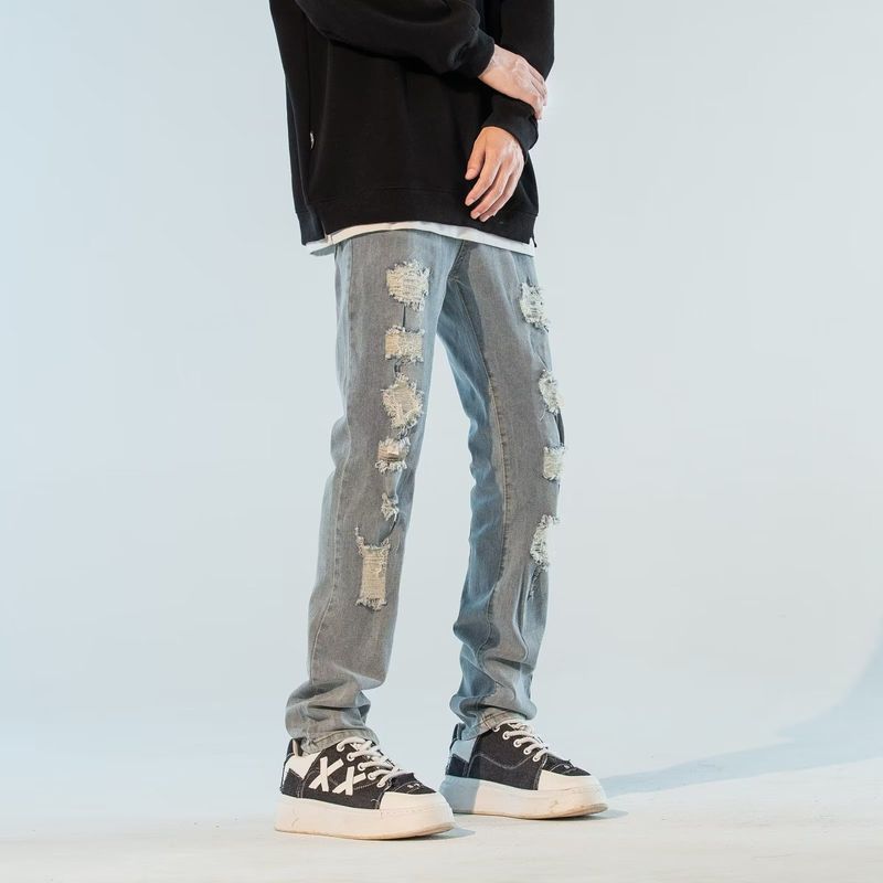 Men's new high street brand hot drill ripped patch distressed washed light stretch slim fit jeans_voghion.com