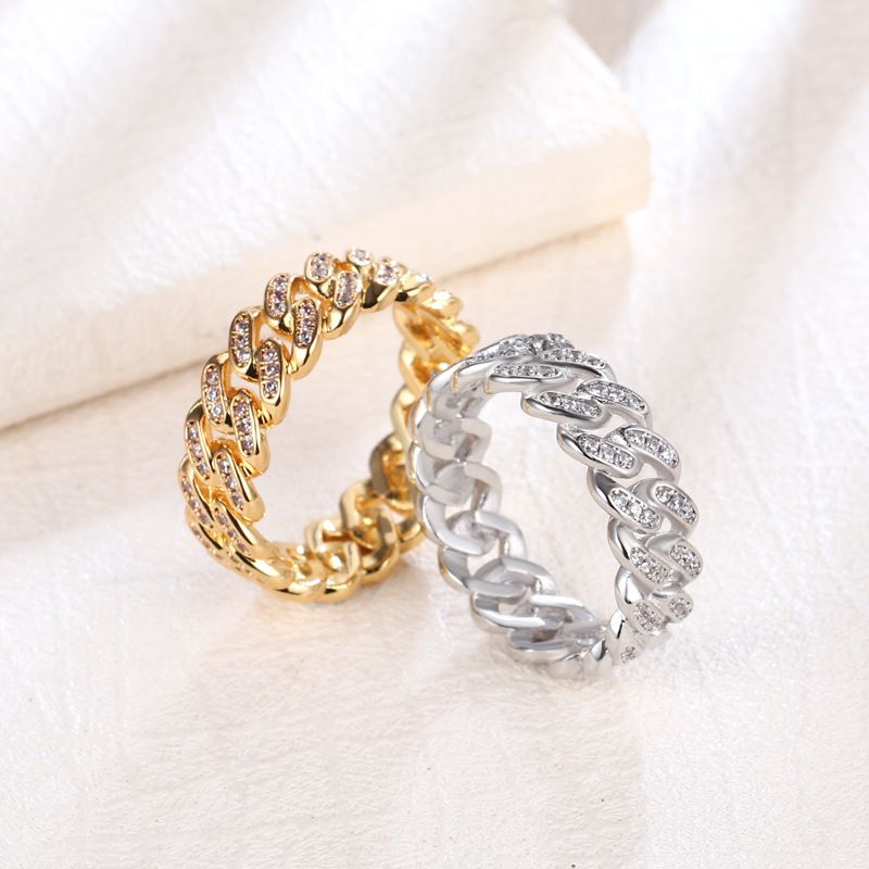 Hip hop zircon Cuban chain ring men's full zircon gold plated 8mm chain ring jewelry_voghion.com