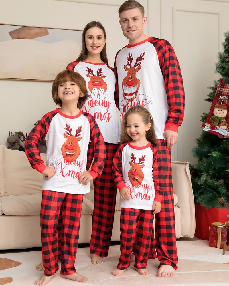 Independent Station Christmas Parent Child Set Cross Border Deer Letter Print Red Plaid Home Clothes Pajamas Soft Cute_voghion.com