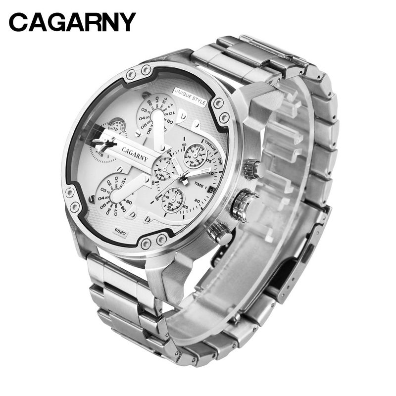 CAGARNY 6820 Orologio al quarzo automatico con data e doppio fuso orario, casual, quadrante grande, orologio da polso da uomo con cinturino in acciaio_voghion.com