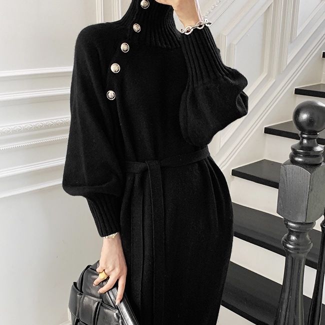 Abbigliamento da donna, abito lavorato a maglia con lacci in vita, maglione lungo versatile a collo alto dimagrante e sciolto per donna_voghion.com