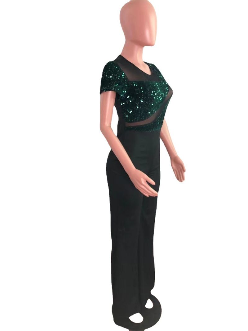 Women's Clothing Sequin Stitching Wide Leg Pants Short Sleeved Jumpsuit_voghion.com