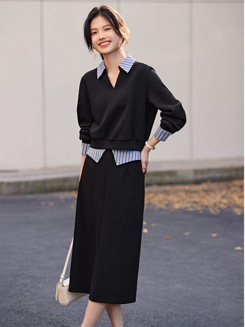 Damkläder höst retro patchwork design skjorta krage tröja kostym dam casual enkel tvådelad set tvådelad_voghion.com