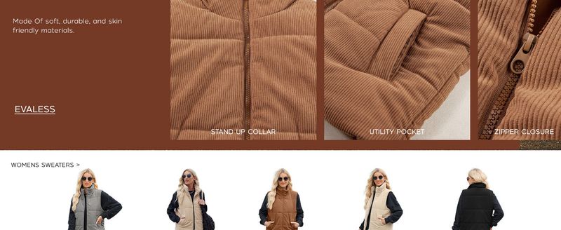 Gilet matelassé en velours côtelé avec fermeture éclair et poches, idéal pour l'automne/hiver et les superpositions décontractées._voghion.com