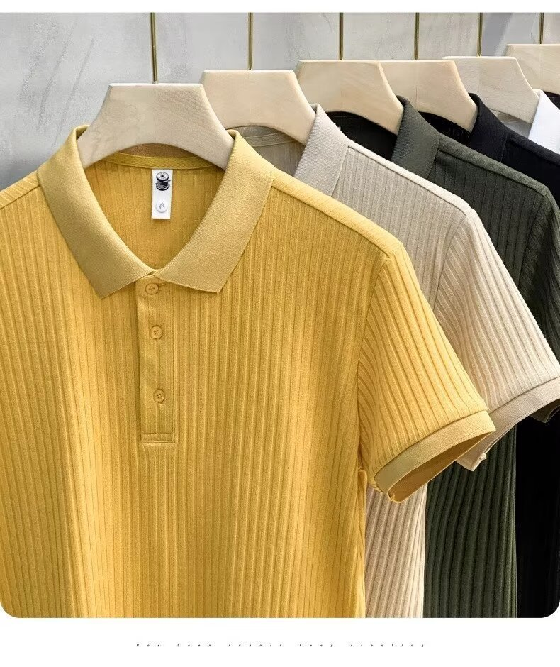 Herrkläder Business pikétröja Pit Stripe Mercerized pikétröja Kortärmad sommartopp Lapel Herr T_voghion.com