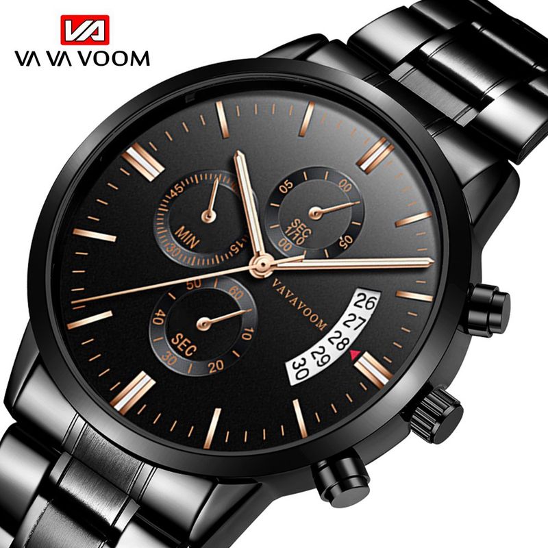 Pulseira de aço inoxidável Relógio de quartzo calendário de negócios à prova d'água preto relógio de precisão masculino_voghion.com