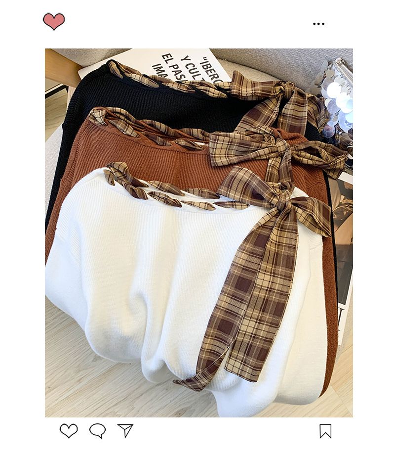 Autumn Knit Sweater Top – Scarf Tie Detail & Contrast Color Blocking, Long Sleeve Casual Pullover (White/Coffee/Black, One Size Fits Most)_voghion.com