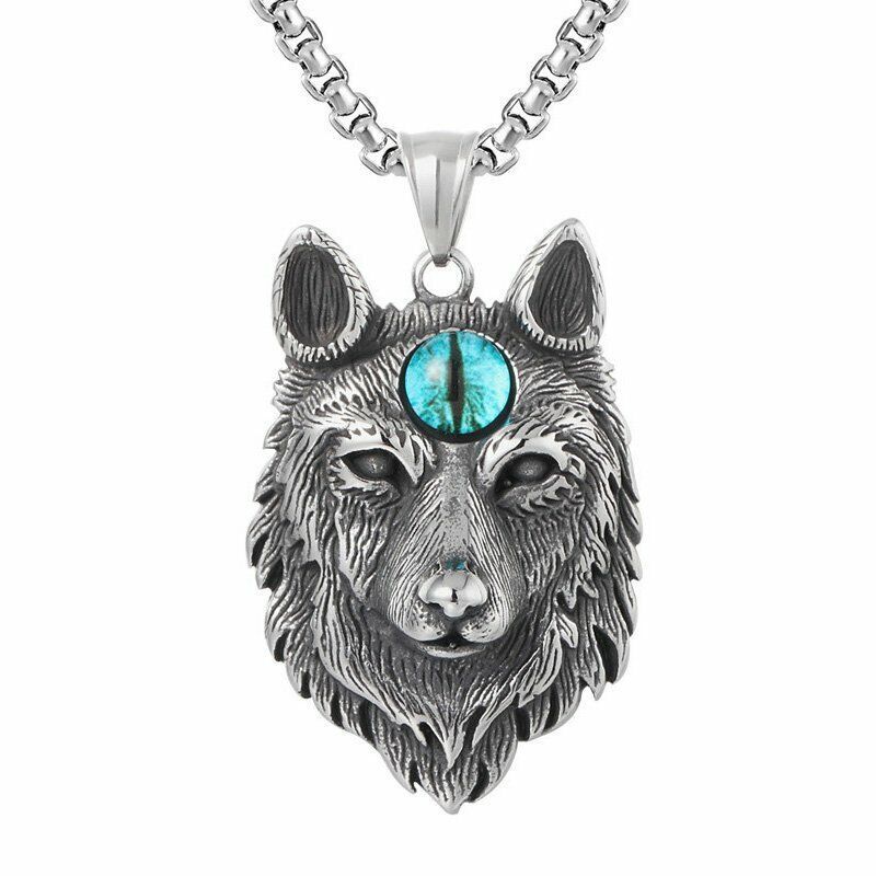 Mens Spiritual Evil Eye Wolf Head Pendant Necklace Stainless Steel Chain Punk Retro Vintage Cool Father's Day Dad Gift_voghion.com