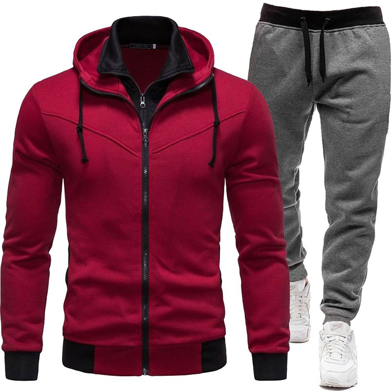 2024 new autumn and winter patchwork jacket, casual long sleeved pants, hooded sports men's set, two-piece set_voghion.com