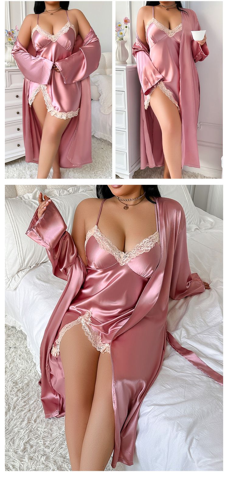 Daenerys Summer Ice Plus Size Silk Casual Camisole Robe Set Simple Sexy Pajamas_voghion.com