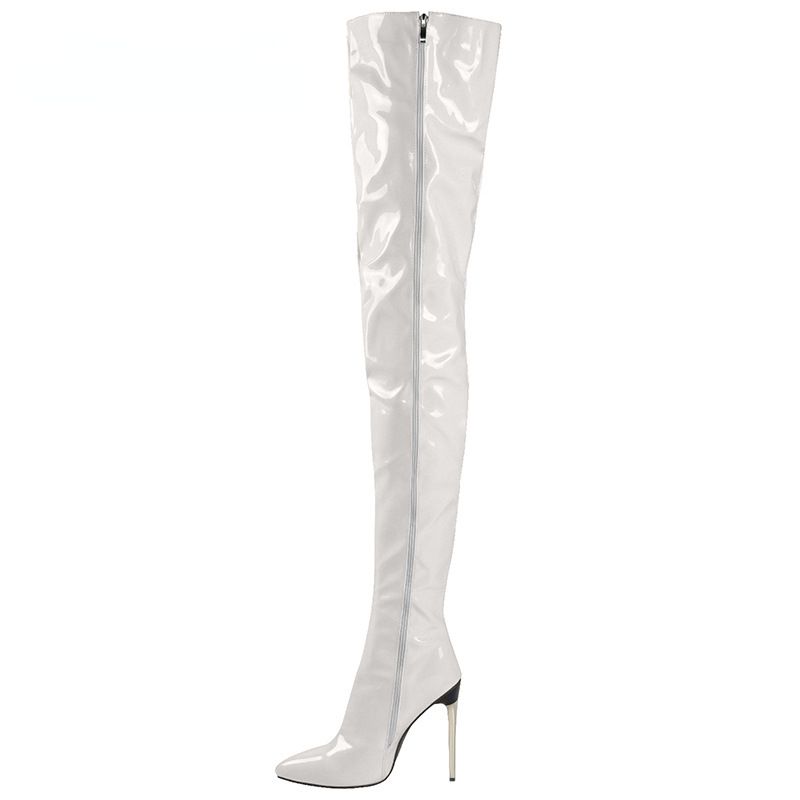 Damen Lackleder Iwwerknéistiefelen Héich Absatz Sexy Héich Stiefel 2023 Nei Grouss Gréisst Stiletto Damenstiefelen Botas Mujer_voghion.com
