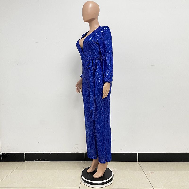 Damkläder Ins Style Deep V Mode Casual Jumpsuit Långärmat Bälte Paljett Jumpsuit Dam_voghion.com