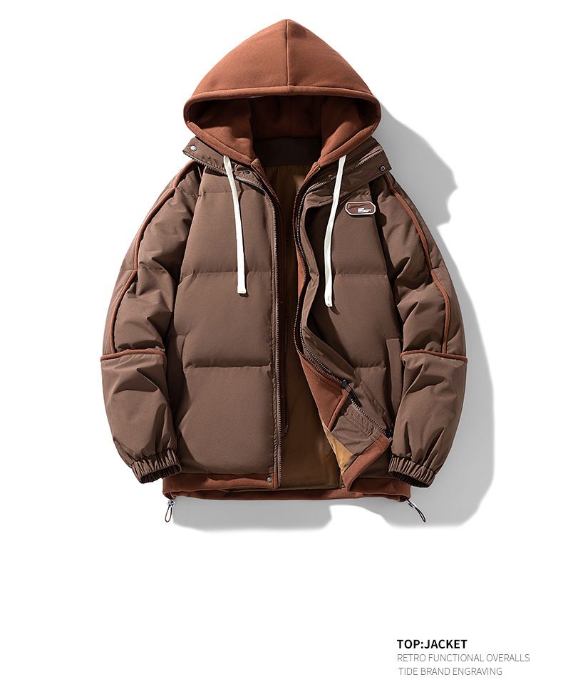 Unisex-Wintermantel mit anpassbarem Logo – Locker sitzende, gestreifte Paarjacke mit Kapuze und falschem zweiteiligem Design_voghion.com