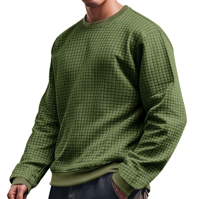 Camiseta de manga larga con estampado de jacquard cuadrado para hombre: transpirable, holgada, informal, de cuello redondo, ligera y para combinar con otras prendas (blanco/gris oscuro)_voghion.com