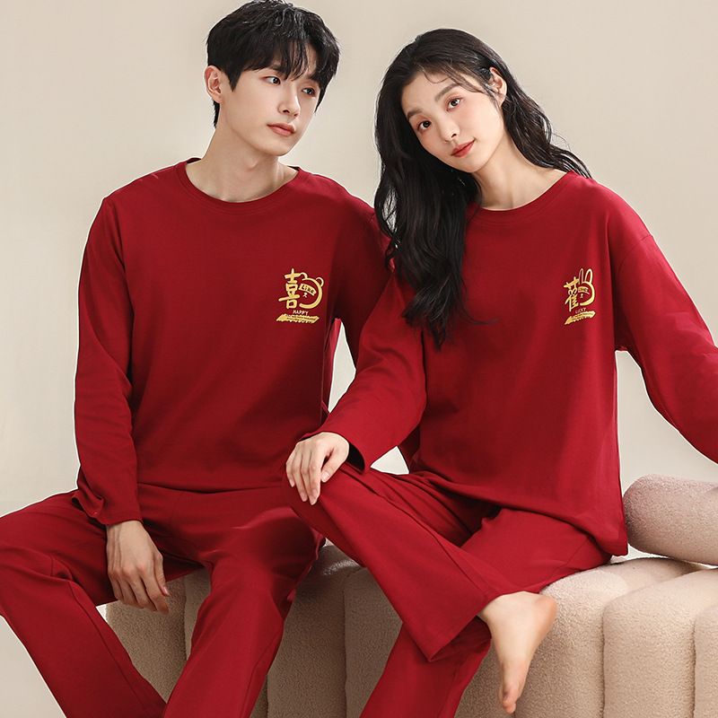 2024 Nuovo Pigiama Coppia Set Matrimonio Primavera Autunno Puro Cotone Manica Lunga Rosso Casa Vestiti Uomo e Donna Girocollo_voghion.com