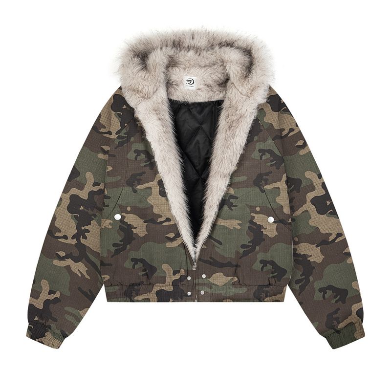 Winter Thickened Short Jacket With Camouflage Design, Pockets, Canvas Workwear, Fur Collar, Hooded Cotton Coat For Men_voghion.com