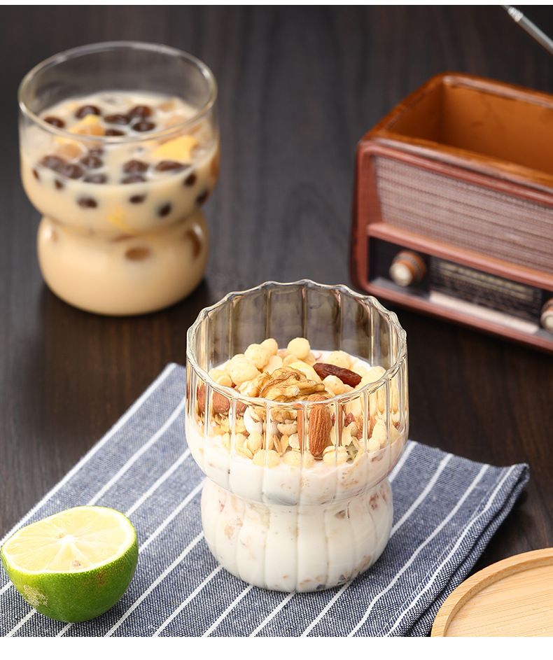 Chubby Striped Borosilicate Glass Tumbler - 400ml Thick-Walled Mug For Coffee, Milk, Oatmeal & Yogurt_voghion.com