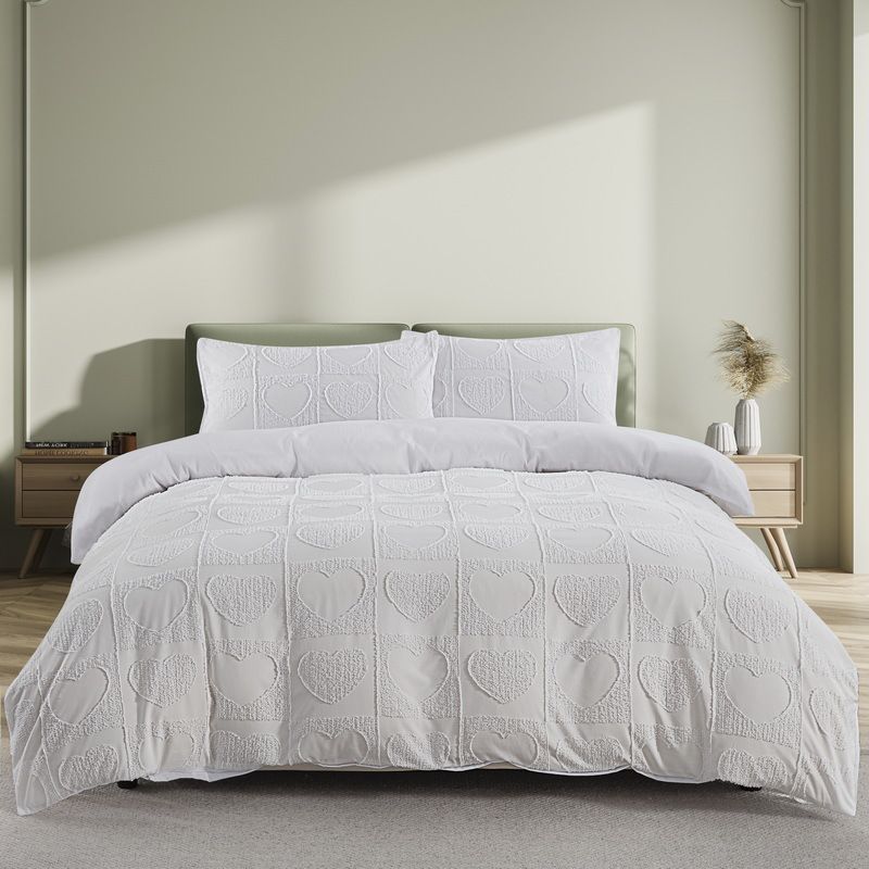 Parure de lit blanche moelleuse à motif cœur découpé – Drap-housse, housse de couette et taie d'oreiller – Plusieurs tailles_voghion.com