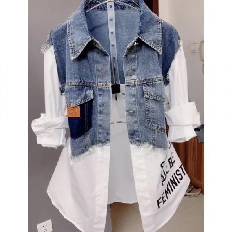 Modisches zweifarbiges Jeanshemd für Damen – Stylischer Lagenlook mit gestreiftem & weißem Kontrastdesign – Lässige Langarmbluse fürs Büro_voghion.com