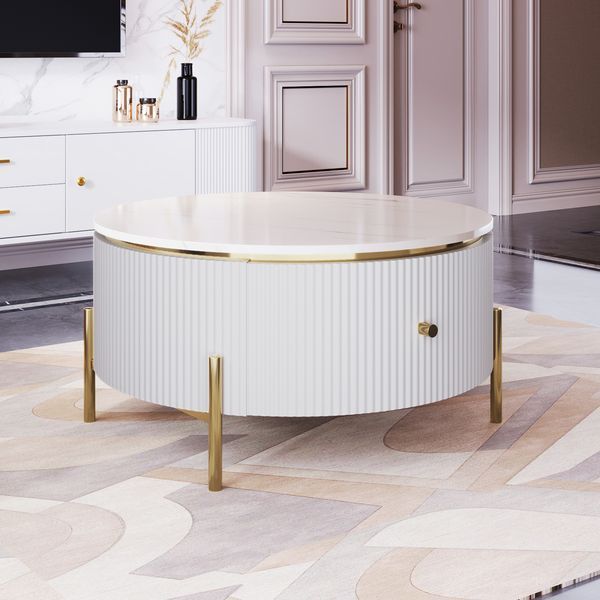Modern Round Coffee Table With 2 Large Drawers Storage Accent Table(31.5'')_voghion.com
