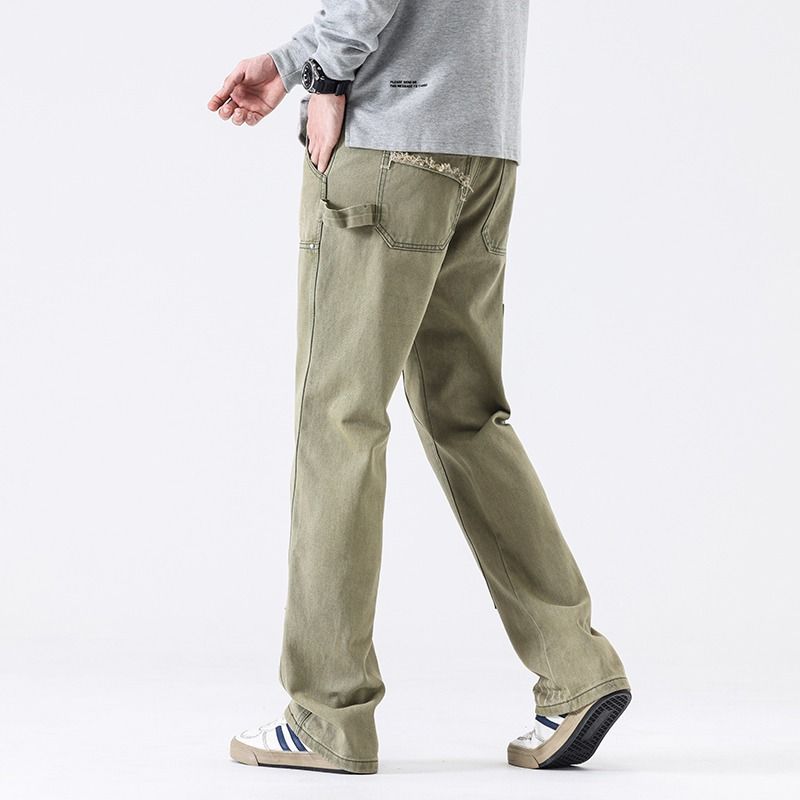 American high street vibe feng shui washing makes old destruction army green jeans men's tide brand logging tooling micro bell bottoms._voghion.com