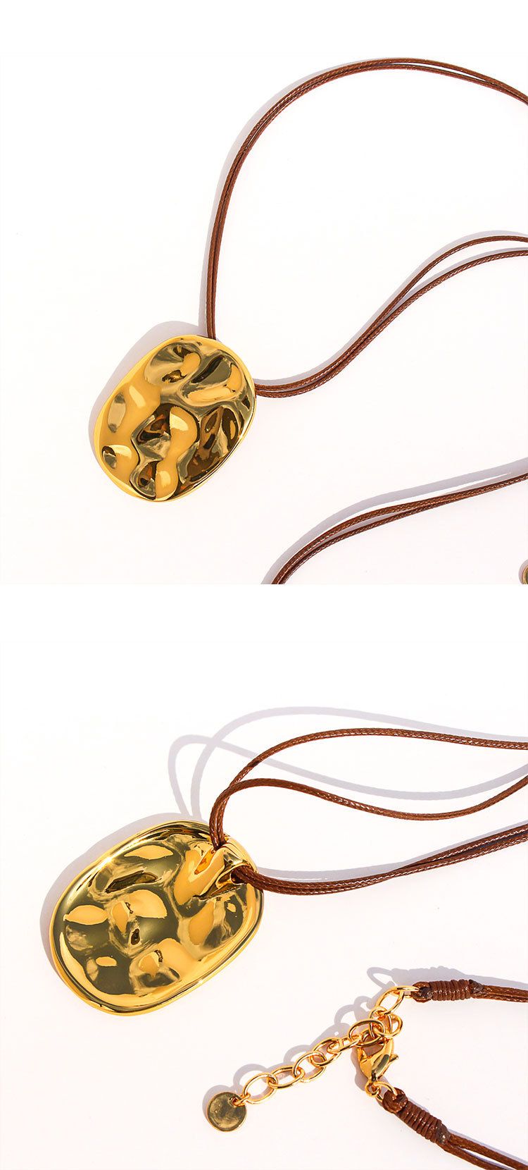 Collier pendentif géométrique en laiton martelé fait main pour femme et homme, avec corde cirée, pièce minimaliste et audacieuse pour un style unique._voghion.com
