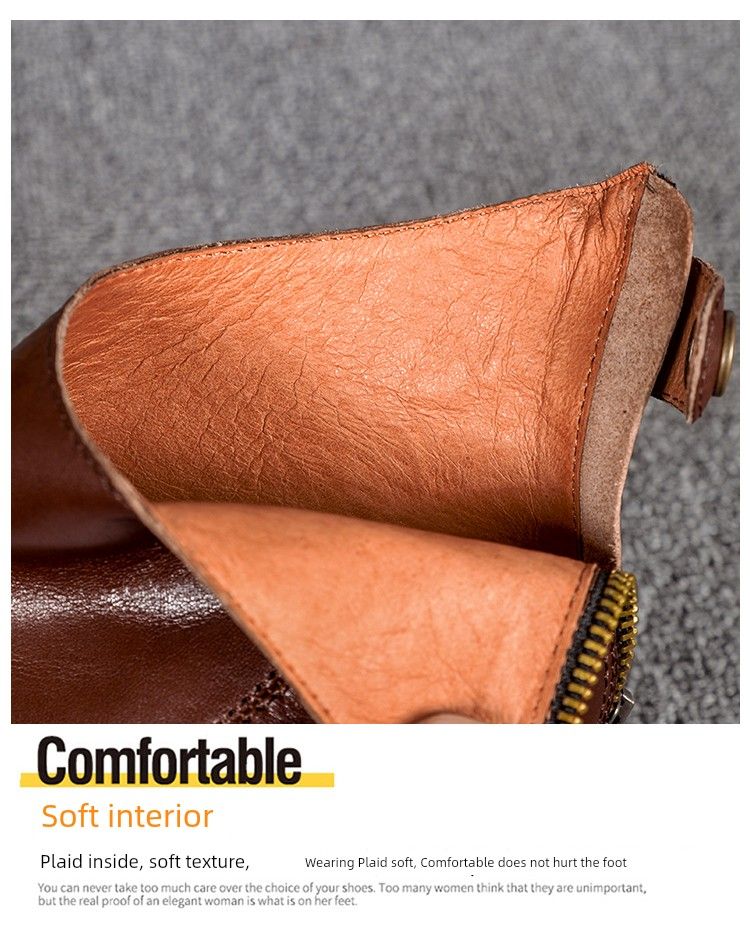 Retro Brown Spring And Autumn Chunky Heel Calf Skin Women's Boots_voghion.com
